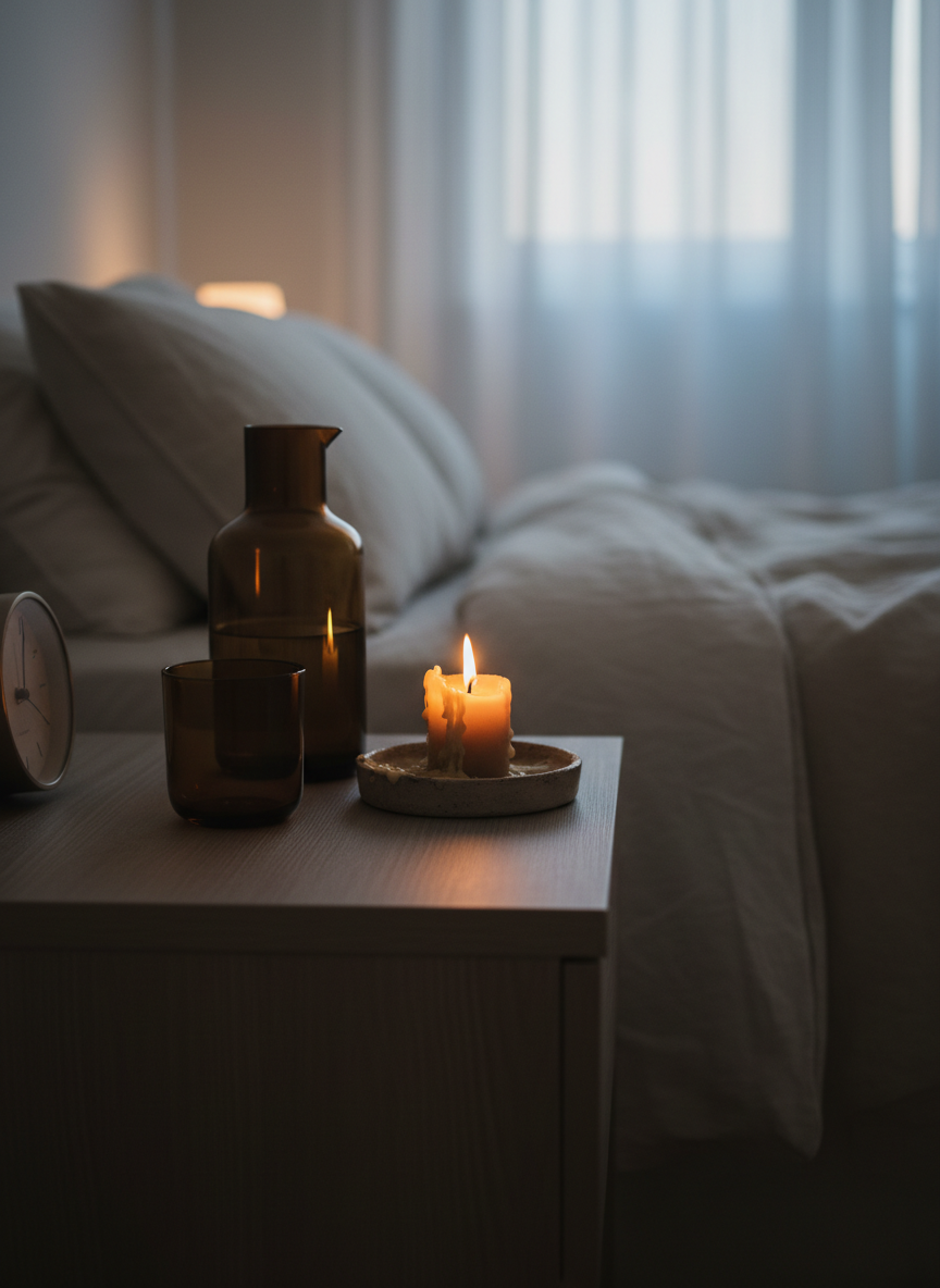 A close-up, side-angle photograph of a minimalist nightstand in a serene bedroom, featuring a dark amber glass carafe with matching tumbler, a single beeswax candle partially melted on a ceramic dish, and a slim analog alarm clock with brushed metal casing. The nightstand’s matte ash-wood surface shows subtle texture and grain. In the background, slightly out of focus, a neatly made bed with natural linen bedding suggests rest and restoration. Warm bedside lamp light blends with faint twilight seeping through sheer curtains, creating soft highlights and velvety shadows. The composition uses the rule of thirds and a shallow depth of field to draw the eye to the candle and carafe, conveying a grounded, contemplative mood about tending to body and spirit at day’s end.