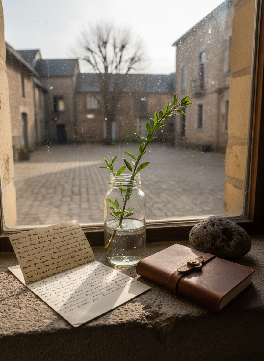 A contemplative still life on a stone windowsill: a simple clear glass jar holding a small branch of green leaves, a folded sheet of recycled paper filled with handwritten notes, a closed leather-bound notebook secured by a wraparound strap, and a smooth, irregularly shaped piece of dark volcanic rock. Outside the slightly weathered windowpane, a blurred view of a quiet courtyard with cobblestones and a single tree hints at the wider world. Soft morning light streams in at an angle, catching the edges of the leaves and glass, creating delicate reflections and gentle shadows. Photographic realism with a slightly elevated angle, the composition feels intimate yet spacious, evoking the quiet work of integrating spiritual insight with everyday earthly responsibilities.
