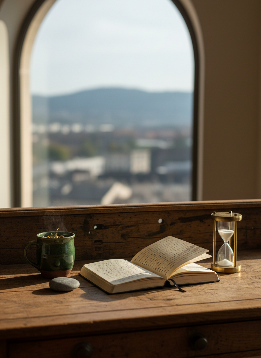 A weathered oak writing desk arranged as a contemplative altar to holistic living, topped with an open linen-bound journal, a dark green ceramic mug of herbal tea, a smooth river stone, and a tiny brass hourglass. The desk sits near a tall window overlooking a soft-focus cityscape and distant hills, suggesting connection between inner life and outer world. Late afternoon natural light pours in, casting long, elegant shadows and warm highlights on the wood grain. Photographic realism, shot at eye level with a shallow depth of field so the desk items are in sharp focus while the view beyond blurs, creating a sophisticated, reflective mood that hints at grounded, earth-bound wisdom without any mystical clichés.