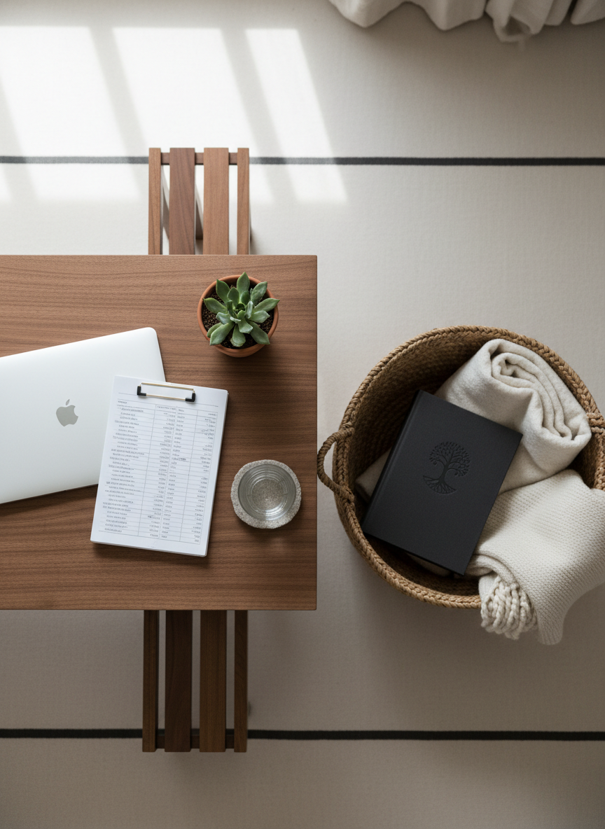 An overhead photographic view of a meticulously organized living space that blends mind, body, finance, and environment: a low walnut table holding a closed laptop, a neat stack of financial documents secured with a simple brass clip, a small terracotta plant, and a glass of water on a stone coaster. Nearby, a woven basket holds a folded wool throw and a hardcover book titled only by a subtle embossed symbol. Soft overcast daylight from an unseen window creates gentle, even illumination and minimal shadows. The composition follows clean horizontal lines, emphasizing clarity and balance, with neutral tones and subtle greens. The atmosphere feels calm, intentional, and sophisticated, evoking holistic spiritual living in modern daily life without overtly religious or commercial imagery.