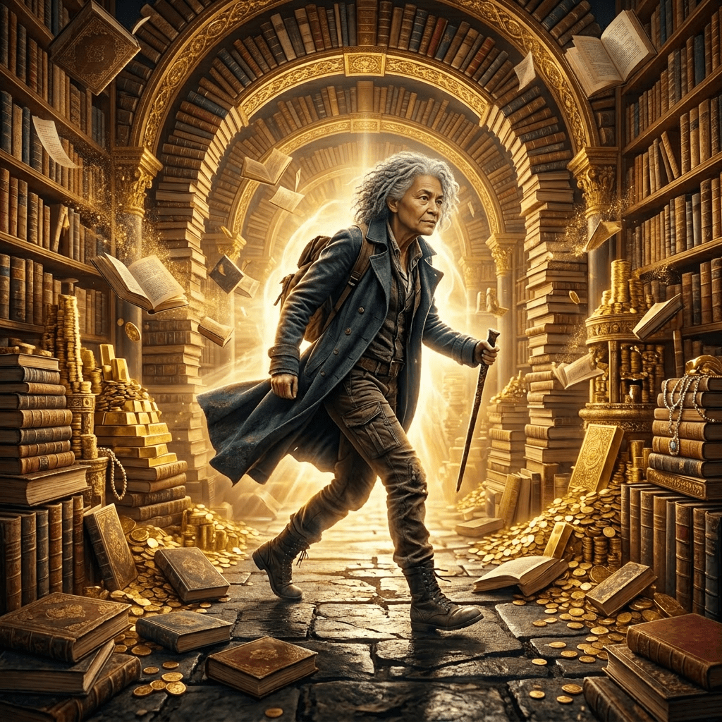 Person walking amid swirling broken clocks and glowing numbers in a dark corridor