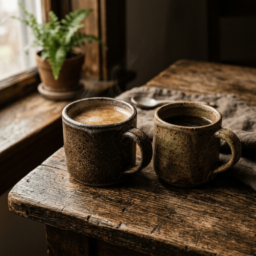 Two rustic ceramic coffee mugs on a wooden table with steam rising, near a window with a green plant.