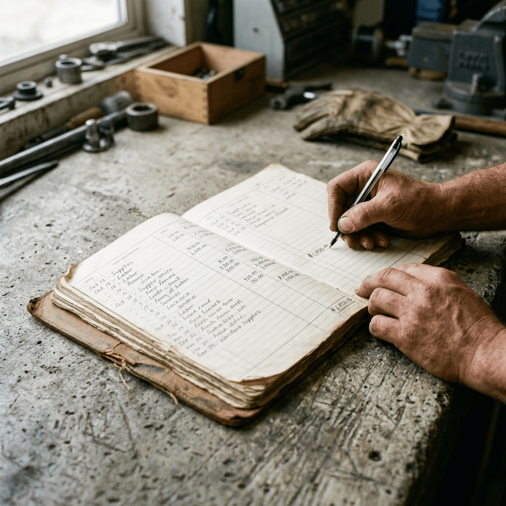 Hands writing in an aged ledger book with financial records on a workshop table