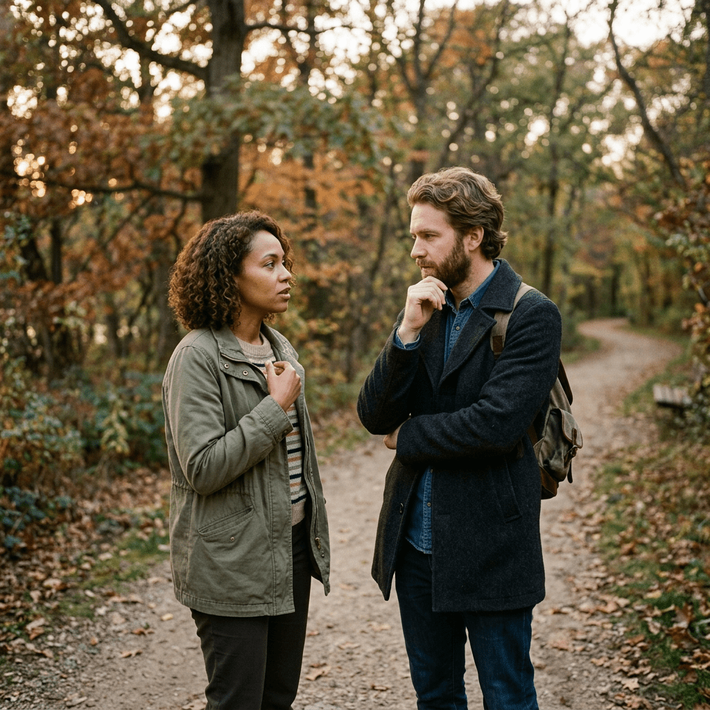 Two people talking on a forest trail with autumn leaves