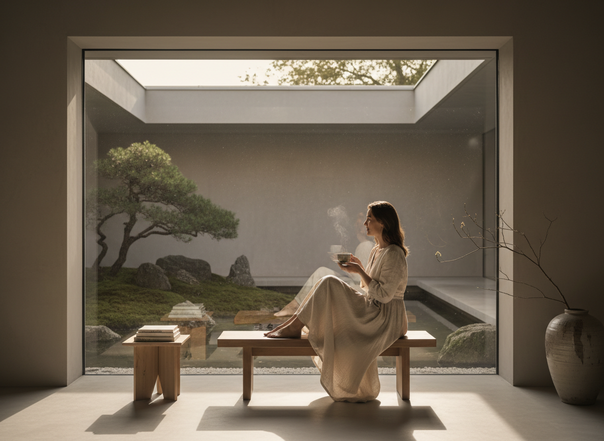 A person sitting quietly in a sunlit minimalist room, cup of tea in hand, gazing out a window at a peaceful garden — evoking inner peace and contentment.