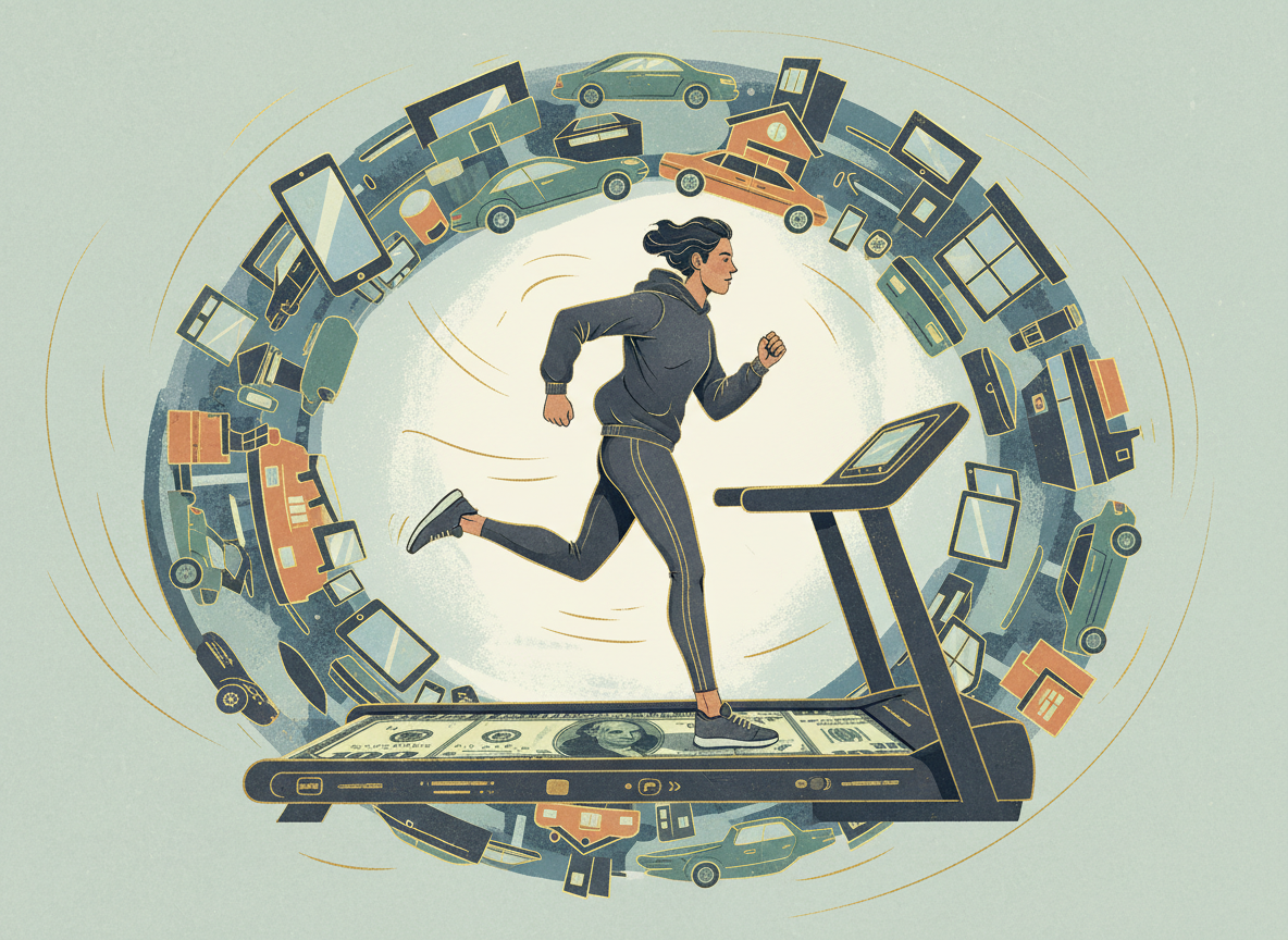 A person running on a treadmill made of dollar bills and credit cards, surrounded by an endless loop of consumer goods — illustrating the hedonic treadmill.