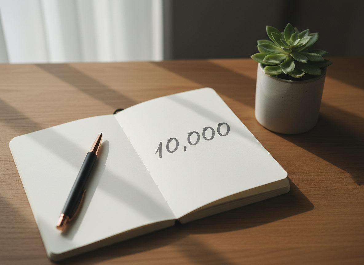 A small notebook open on a wooden desk with a single number written on it, a pen and plant nearby — evoking intentional financial planning.