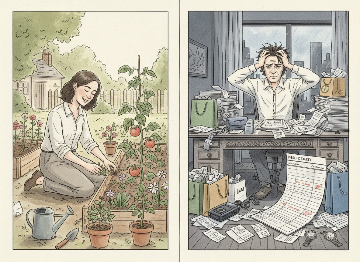 A split scene contrasting a person happily tending a simple garden with the same person stressed and overwhelmed by expensive possessions and bills.