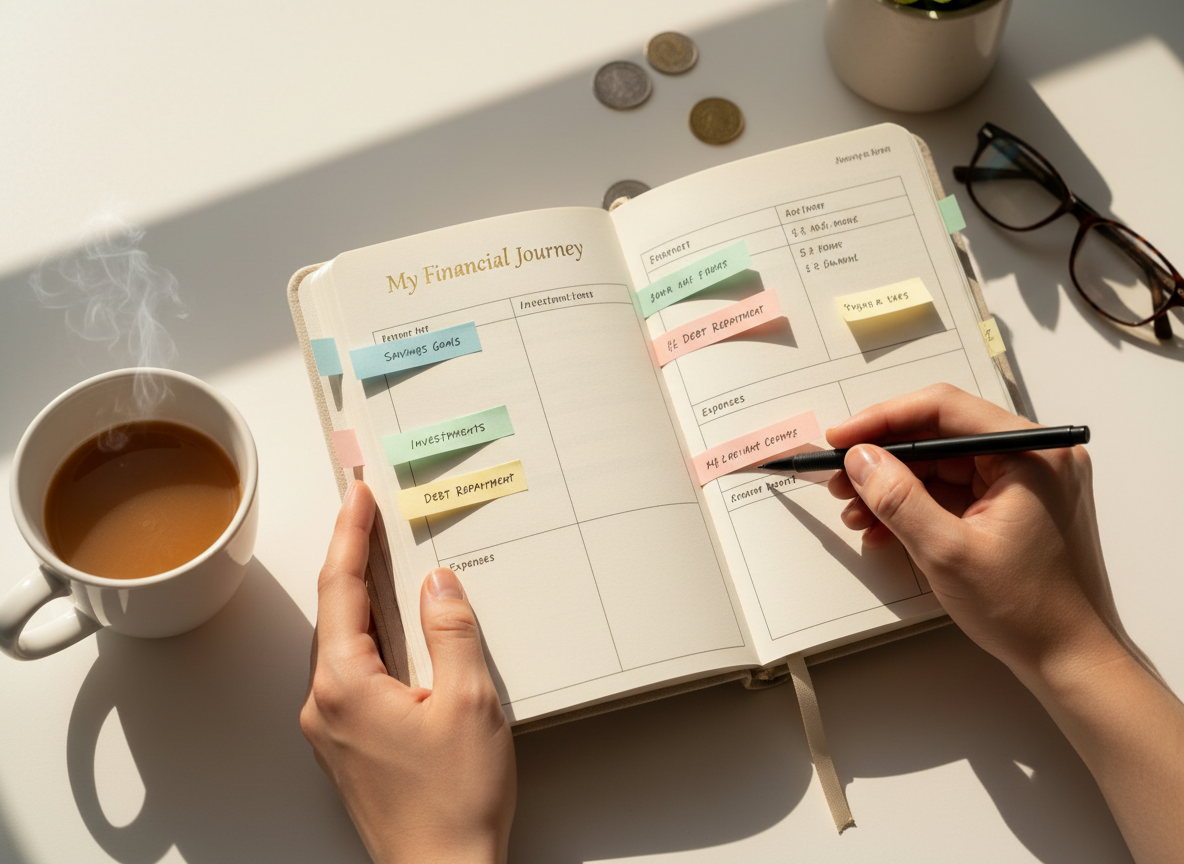 Overhead shot of hands reviewing a budget journal with colored sticky notes, a coffee cup nearby in soft morning light — conveying calm financial reflection.