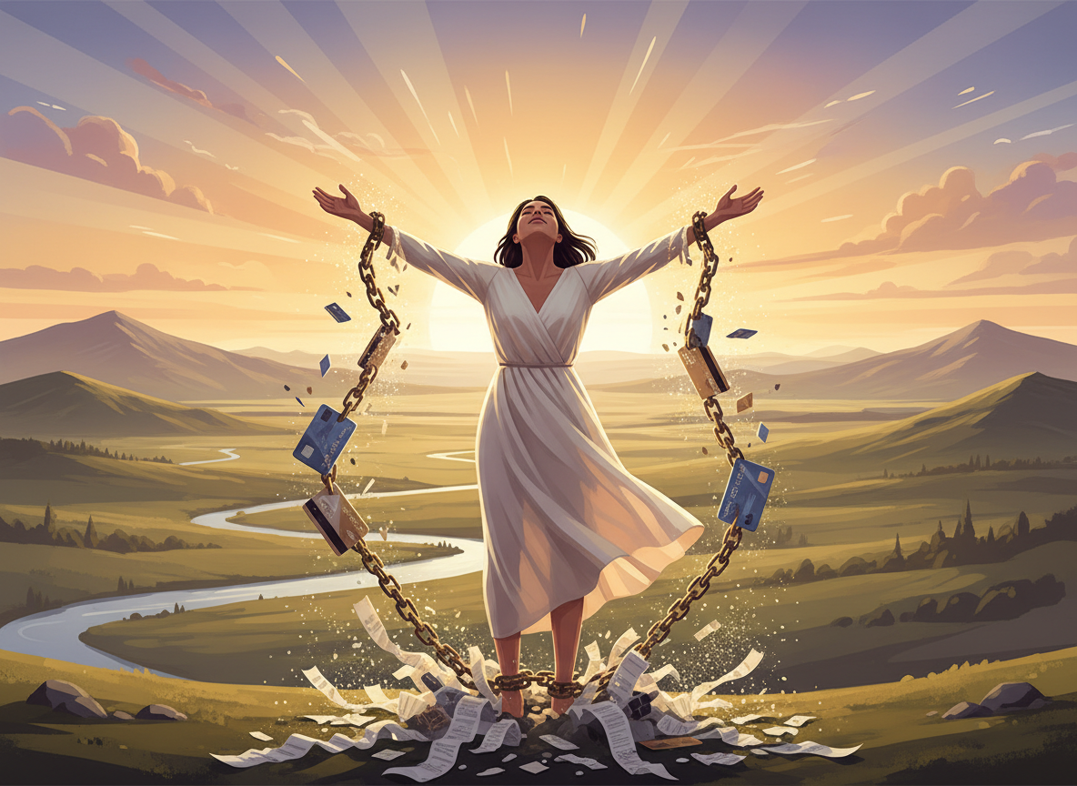 Chains made of credit cards and receipts falling away from a person standing tall in open nature, arms wide, facing a bright horizon — financial liberation.