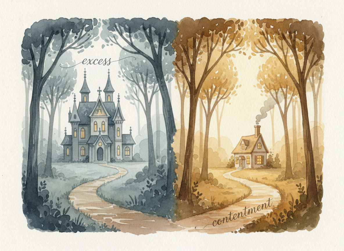 Two diverging forest paths — one leading to an ornate mansion, the other to a cozy sunlit cottage — illustrating the choice between excess and contentment in retirement planning.