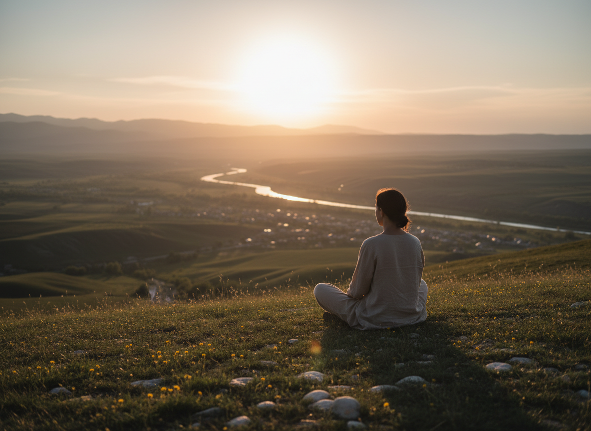 A person sitting peacefully on a hillside at golden hour, looking out over a vast landscape.