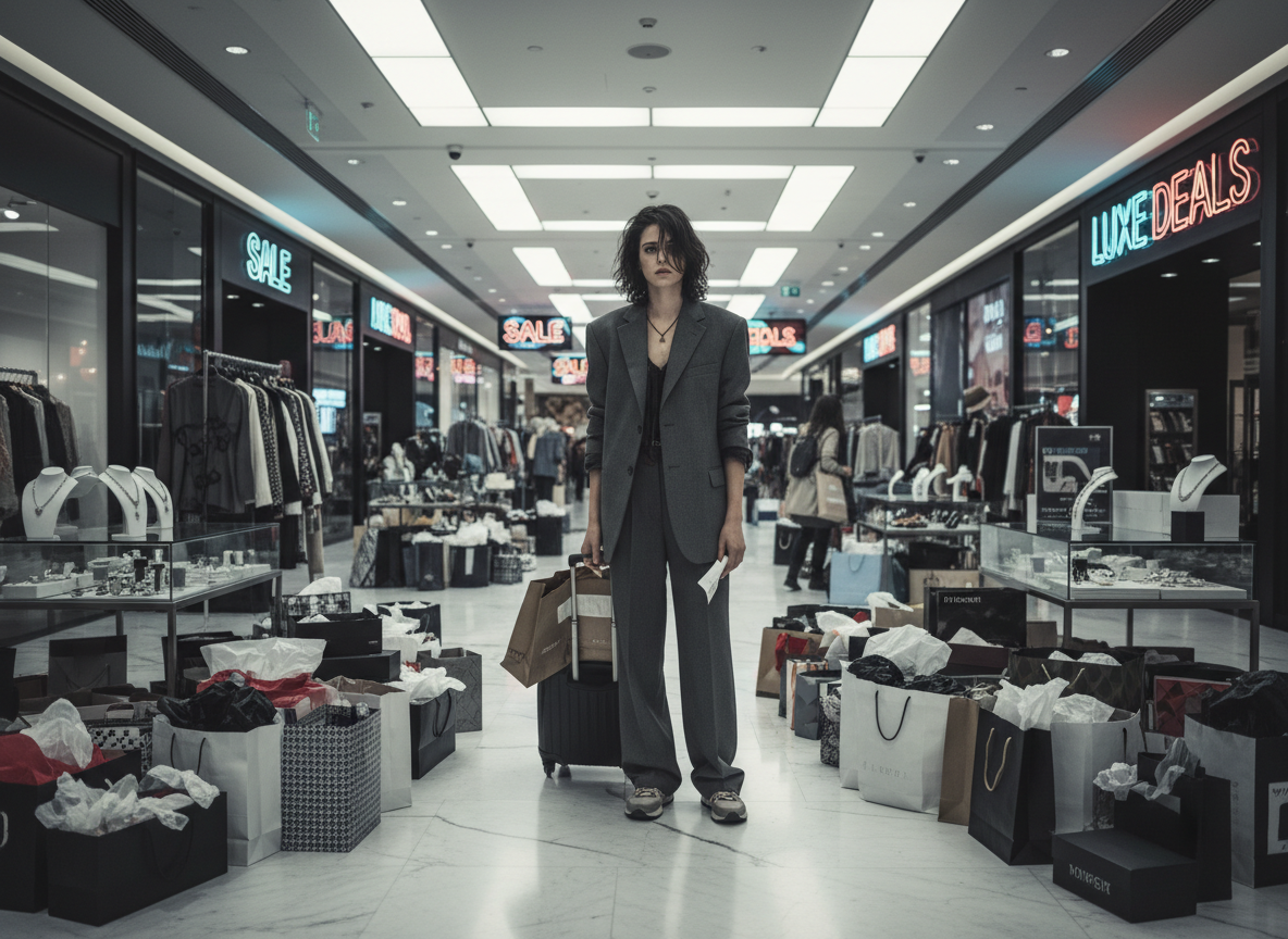 A person standing in a shopping mall surrounded by consumer goods, looking overwhelmed.