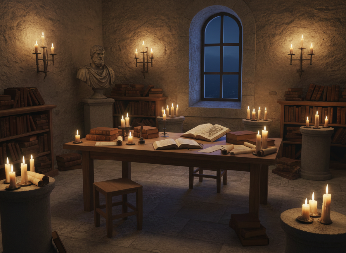 Ancient stone library with candlelight, open books and scrolls, evoking Stoic philosophy.