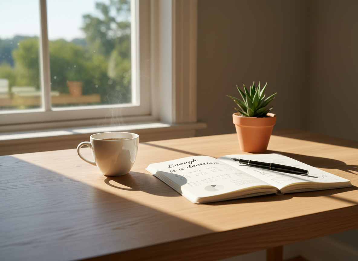 A simple desk with a coffee cup, plant, and notebook with financial calculations in morning light.
