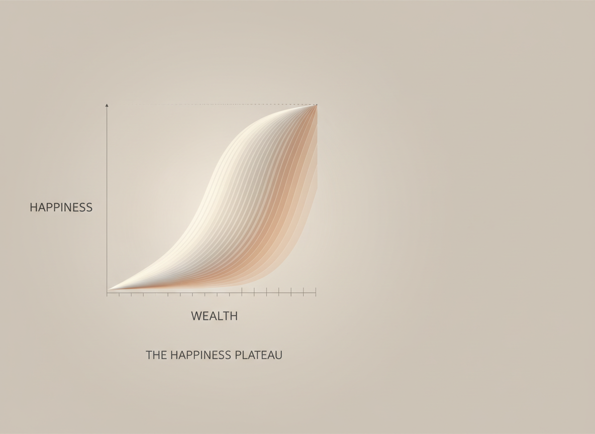 Abstract data visualization with a curve that plateaus, evoking diminishing returns on happiness from wealth.