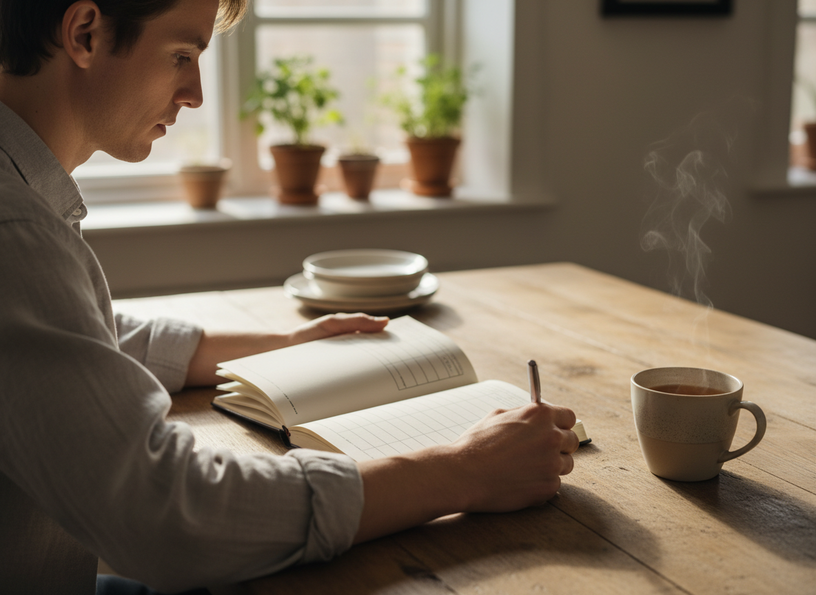 A person reviewing a budget notebook at a kitchen table with a cup of tea and natural light.