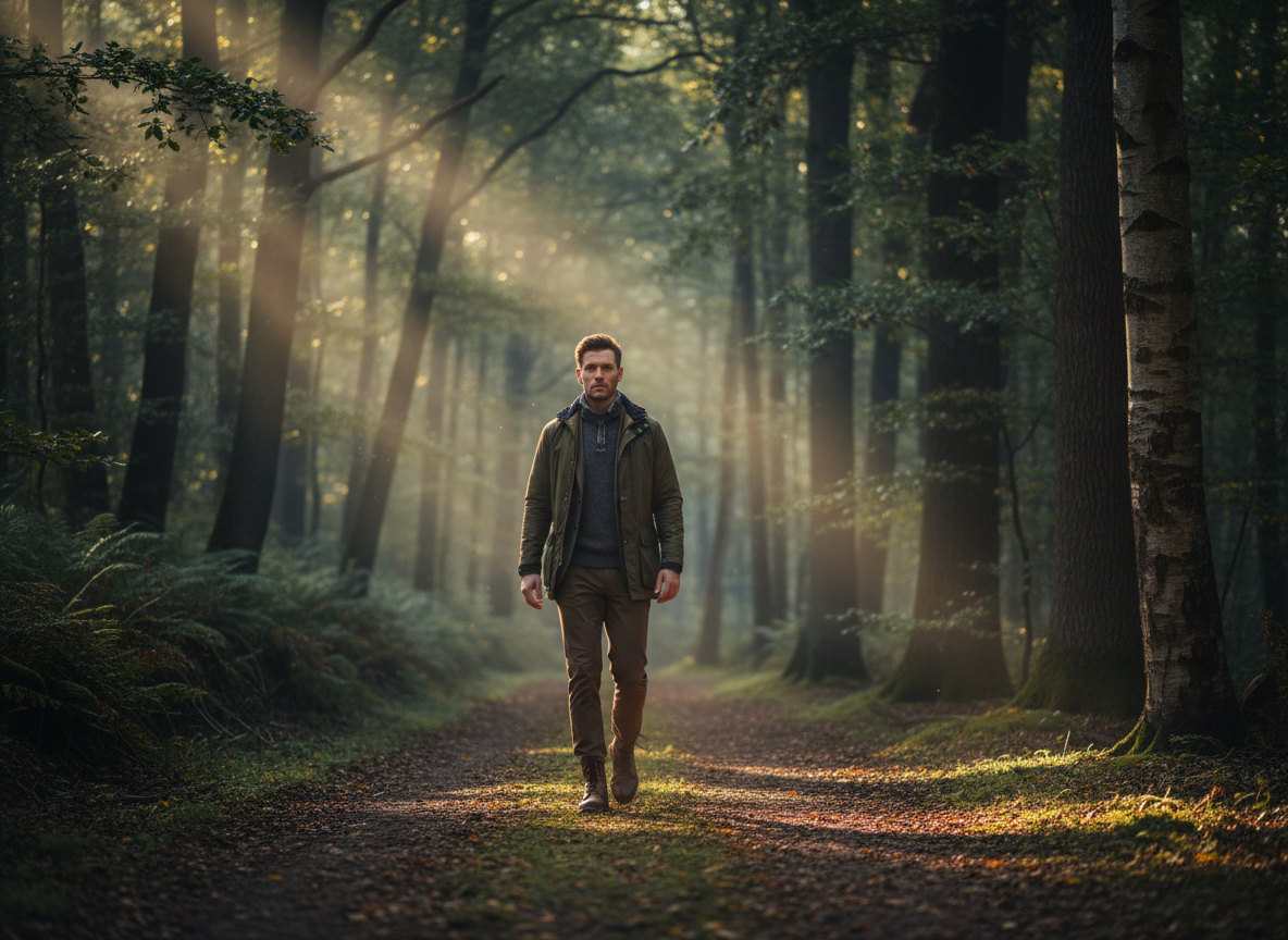 A person walking confidently on a quiet forest path in soft morning light.
