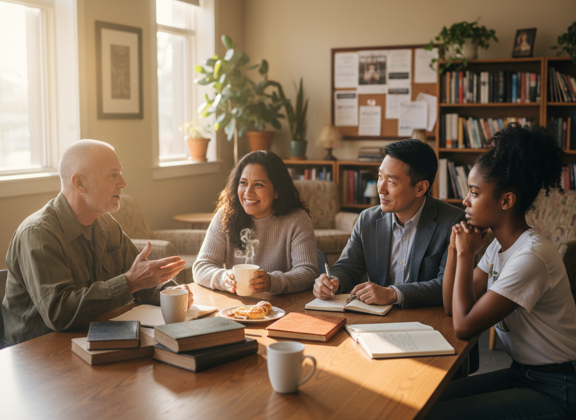 A realistic photograph-style image of four diverse real people — a veteran, a mother, a professional, and a young adult — sitting together around a table in a warm, lived-in community space. Natural light. Genuine conversation happening. Books, coffee cups, a notebook on the table. No mystical or spiritual symbols. Just real humans connecting. Warm tones, documentary feel.