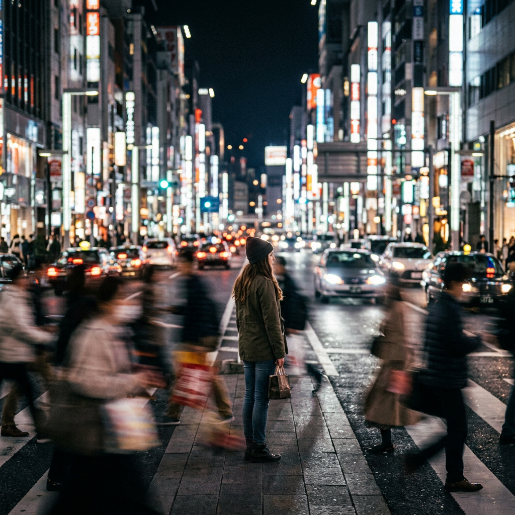 Woman standing on crosswalk at night surrounded by busy blurred pedestrians in city