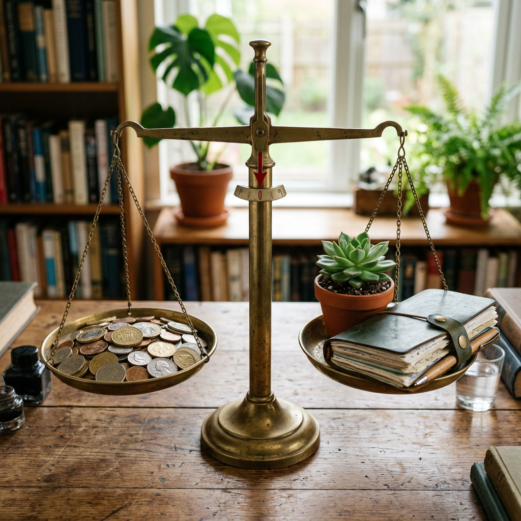 Vintage balance scale with coins on one side and a notebook with a plant on the other