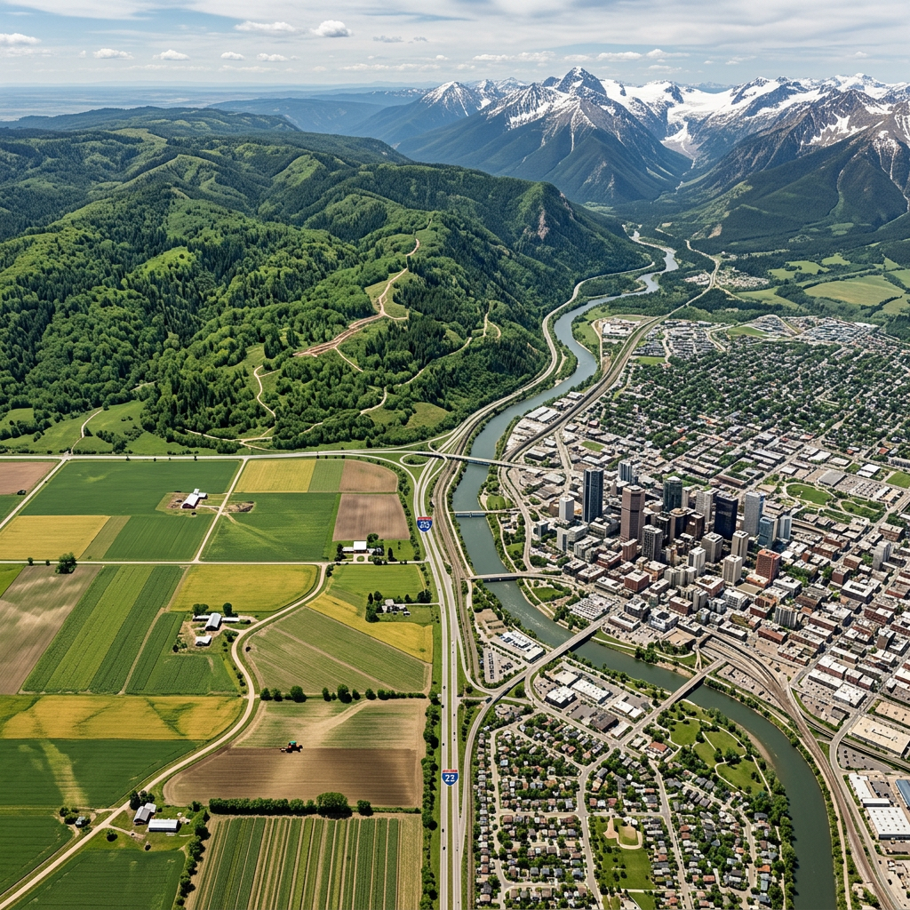 A cityscape beside a river with surrounding farmland and forested mountains