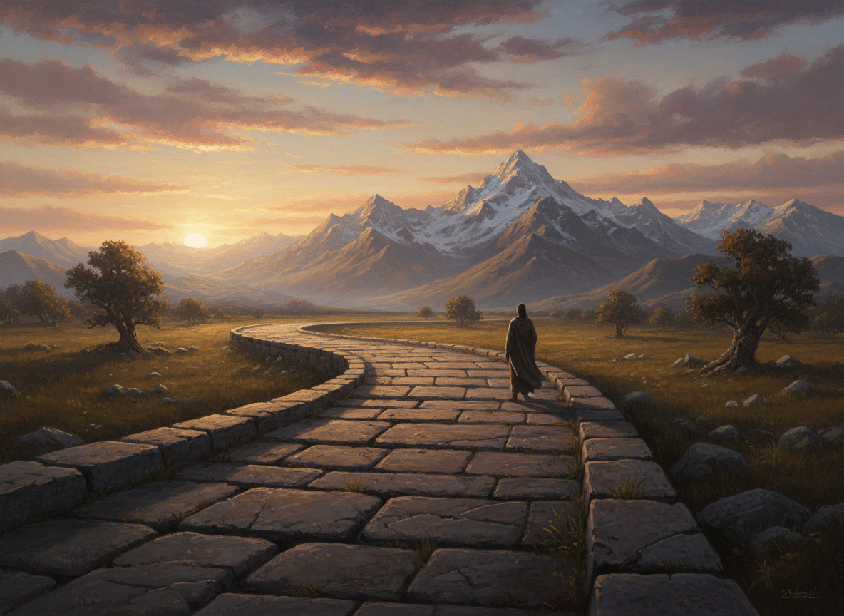 A lone figure stands at the edge of an ancient stone pathway stretching toward distant mountains at golden hour