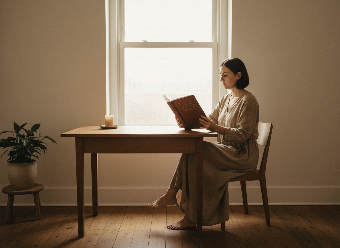 A person sits at a simple wooden desk by a window, reviewing a handwritten journal in calm natural light