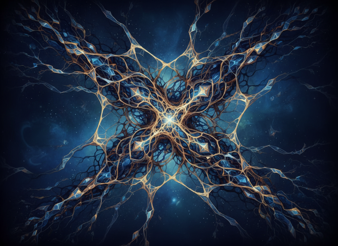 An abstract luminous web of interconnected threads and roots in deep blue and gold tones