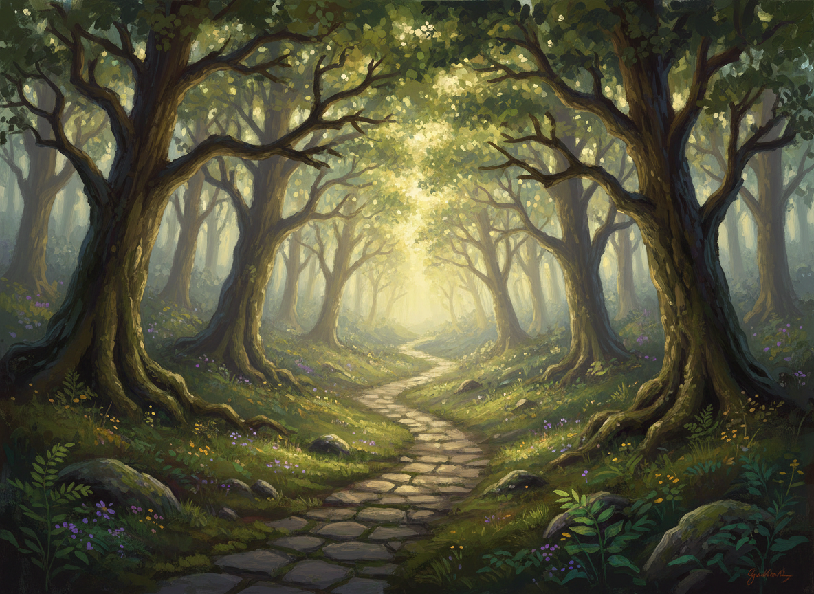 A winding stone path through an ancient forest at dawn, dappled light filtering through tall trees