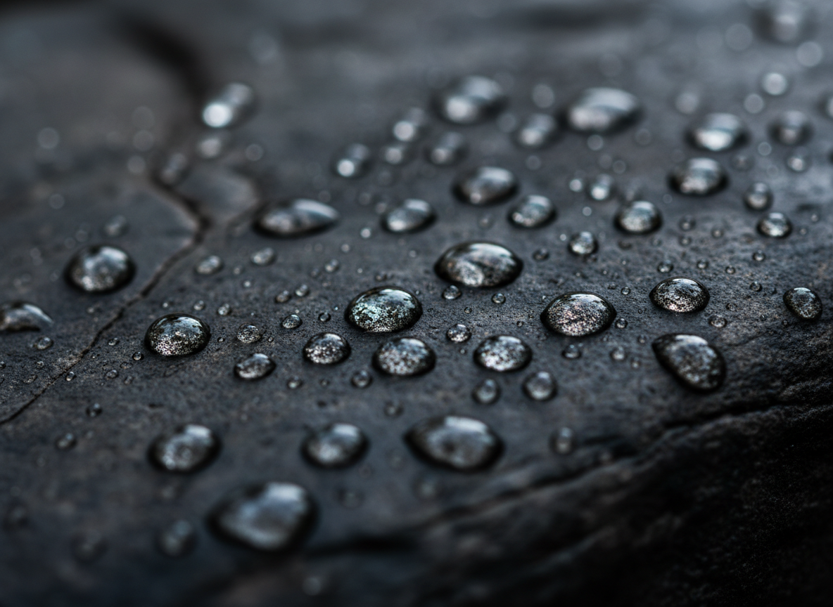 Water droplets resting on weathered dark stone