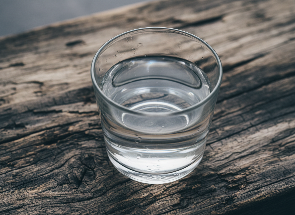 A glass of water resting on aged weathered wood