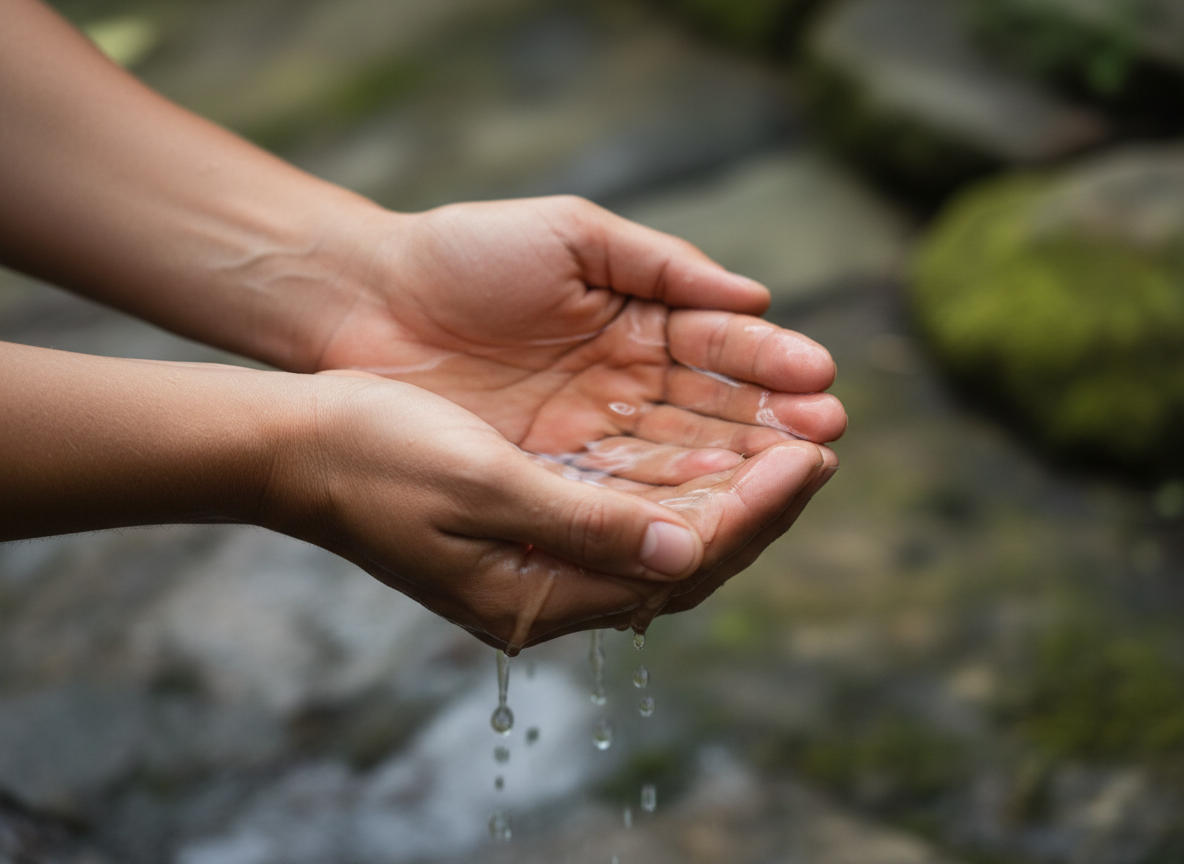 Two hands cupped together holding clear water