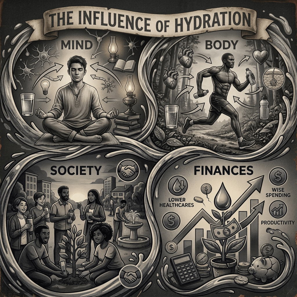 Infographic text: “THE INFLUENCE OF HYDRATION,” with sections “MIND,” “BODY,” “SOCIETY,” “FINANCES,” “LOWER HEALTHCARE,” “WISE SPENDING,” and “PRODUCTIVITY.”