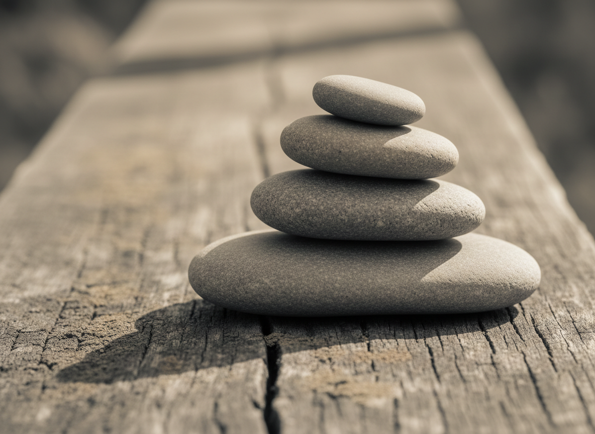 Four smooth stones stacked in careful balance on weathered wood — a quiet study in equilibrium.