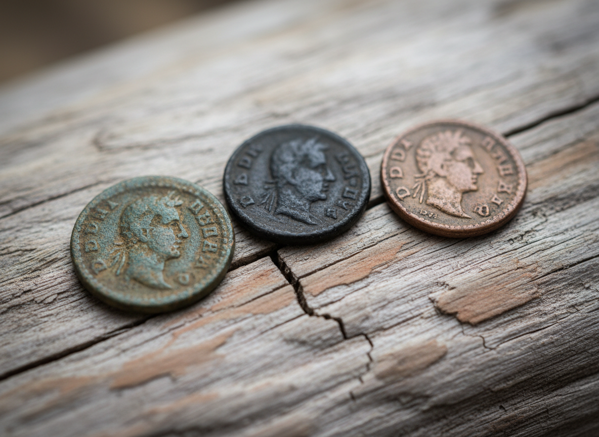 Aged coins resting on weathered wood — the quiet weight of sufficiency.