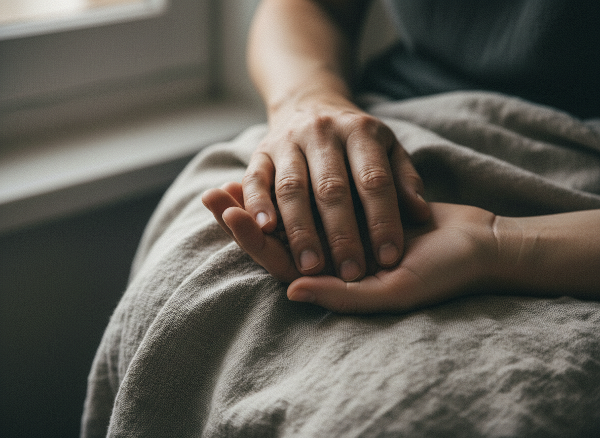 Two hands lightly touching on a linen surface — the quiet architecture of belonging.