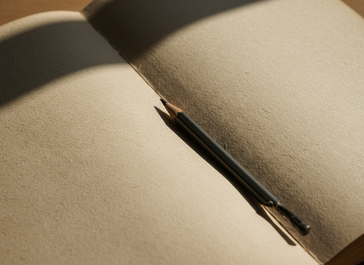 Open book with raking light across aged pages, a pen resting in the gutter.