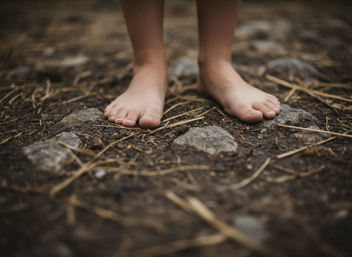 Bare feet on dark earth — intimate and grounded.