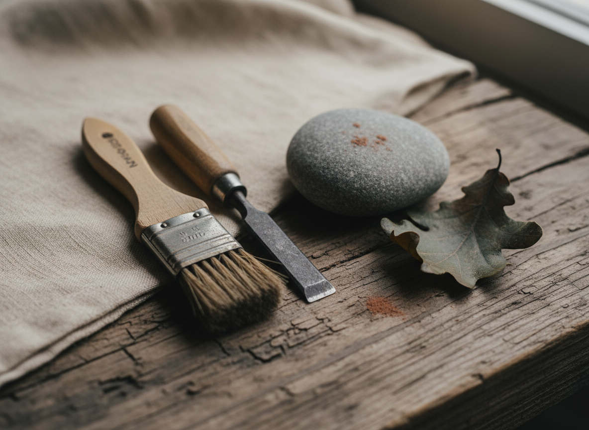 A craftsperson's worn tools resting beside a smooth stone on a weathered surface.