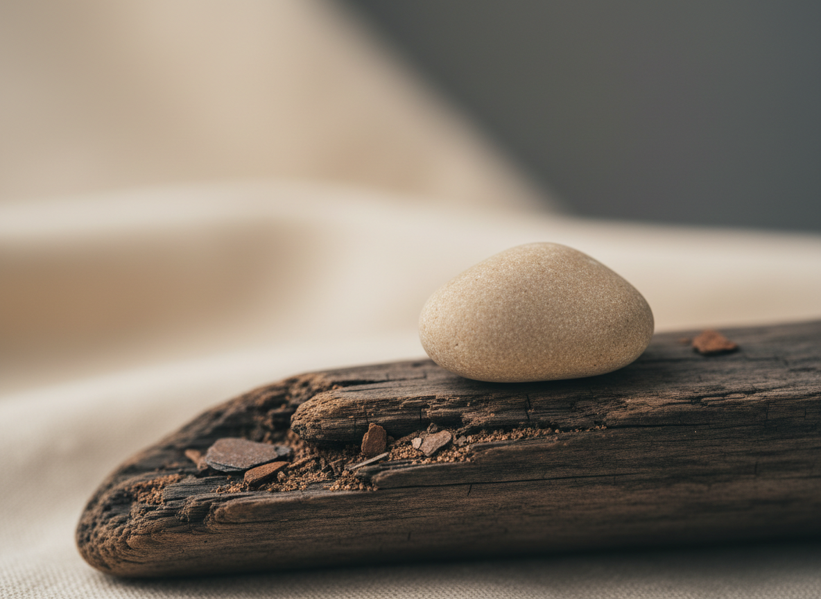 A single smooth river stone balanced on a rough-textured surface — extreme stillness.