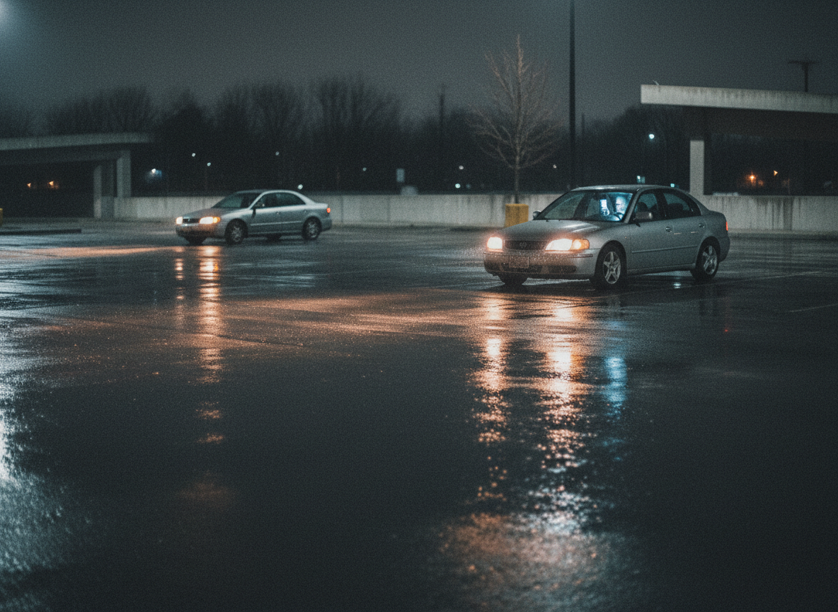 A near-empty parking lot at night, two cars idling in pools of headlights, phone glow visible through the nearest windshield, asphalt wet from rain, deep charcoal shadows.