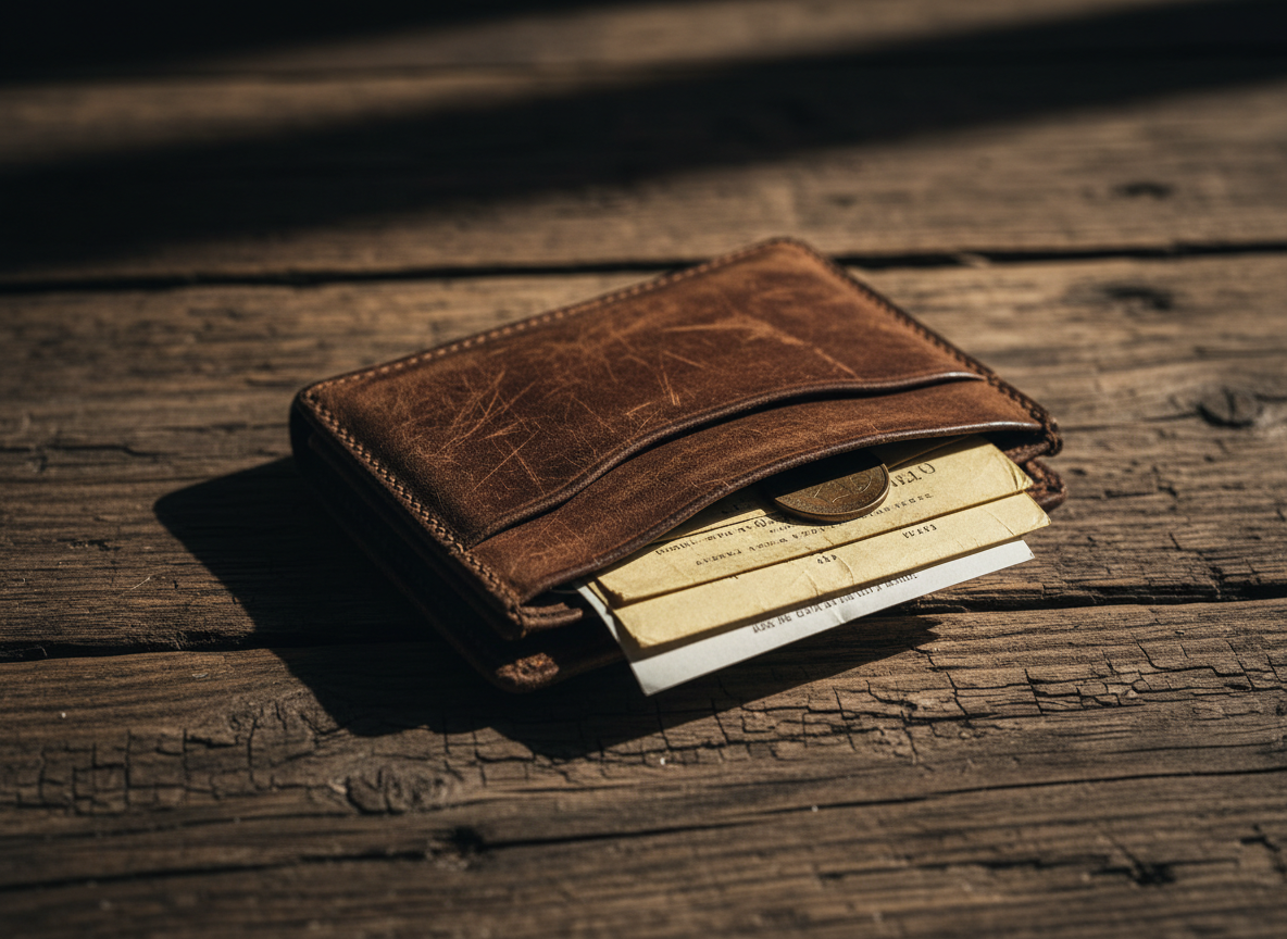 A worn leather wallet lying open on a rough wooden surface, folded receipts and a single coin visible, soft raking light casting long shadows across the wood grain, warm and shadowed tones.