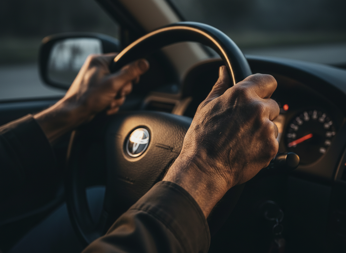 Weathered hands gripping a steering wheel, a long empty road stretching into darkness ahead, cinematic and still