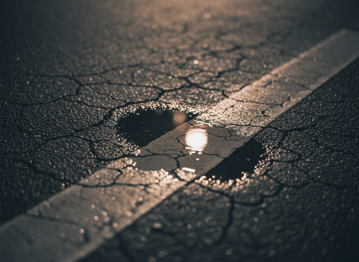 A long worn road stretching into darkness, lane markings fading into the distance, muted tones, cinematic