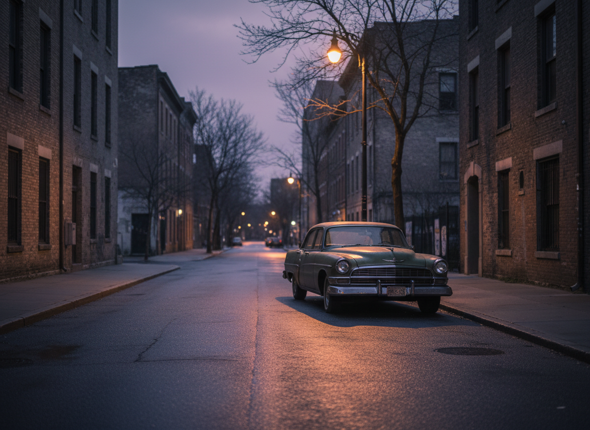 A solitary car parked on a quiet city street at dusk, amber streetlight casting long shadows, cinematic and still