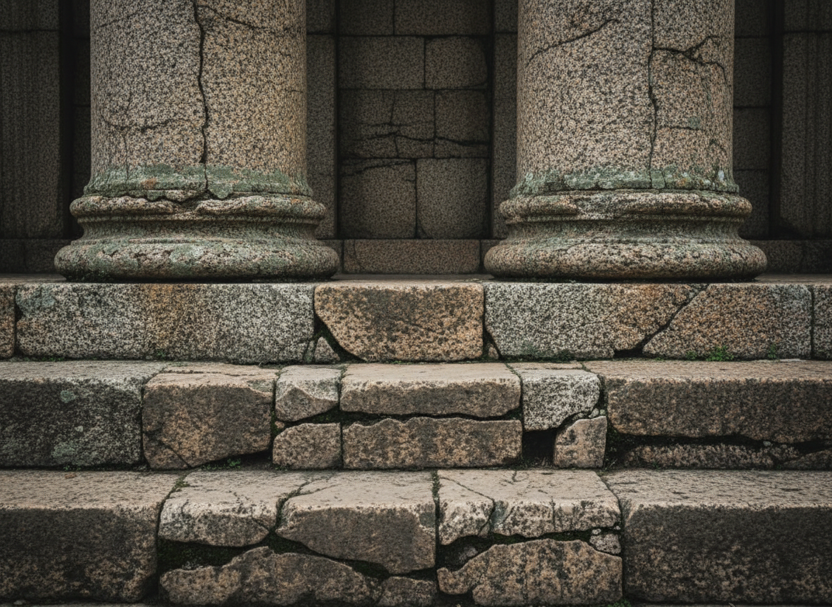 Weathered stone columns close up, muted charcoal and linen tones, wabi-sabi texture, still and architectural