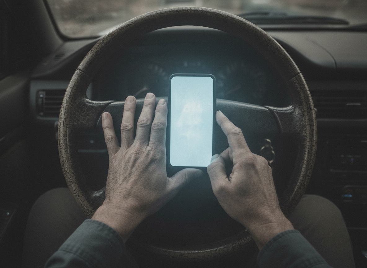 A phone screen casting pale blue light onto hands resting on a steering wheel, abstract and still, muted desaturated tones, cinematic