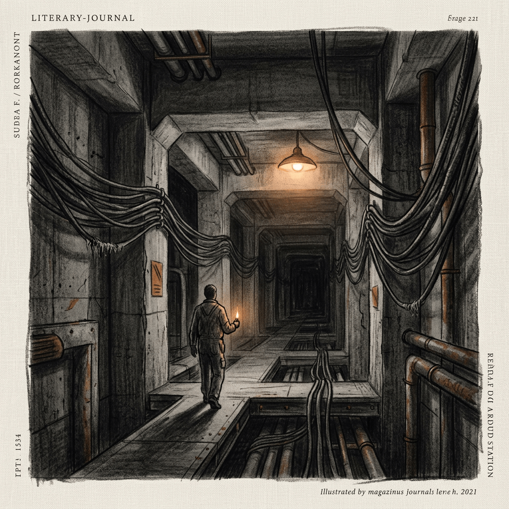 Traveler with a flame walking through a dark underground station; text reads “LITERARY-JOURNAL.”