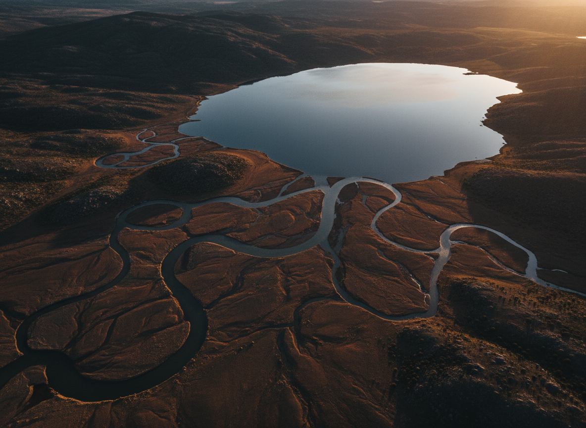 A sophisticated, cinematic wide-angle photograph of multiple rivers or streams converging into one body of water, shot from above at golden hour. Dark, architectural, and contemplative in mood. Rich earth tones, deep shadows, minimal and editorial in feel. No people, no text.